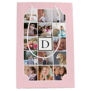 Photo collage monogram curved corners blush pink medium gift bag