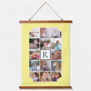 Photo collage monogram curved corners light yellow hanging tapestry