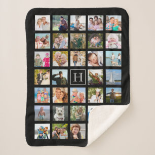 Photo Collage Monogram Editable Black Sherpa Blanket