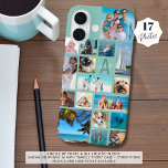 Photo Collage Monogram Name 17 Photos Mint Green iPhone 16 Case<br><div class="desc">Carry 17 of your favourite photos on this custom background colour cell phone case with a photo collage of a variety of shapes and sizes and personalised with your monogram and name in a modern script font over the initial (shown in shades of mint green, turquoise and teal). Change the...</div>