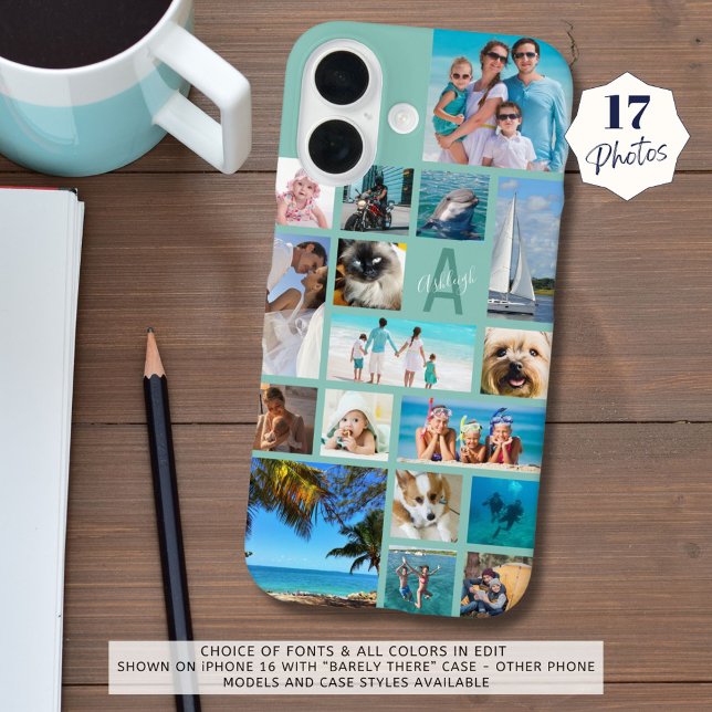 Photo Collage Monogram Name 17 Photos Mint Green Case-Mate iPhone Case (Creator Uploaded)