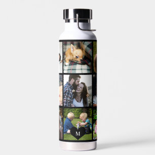 Photo collage monogram personalised modern black water bottle