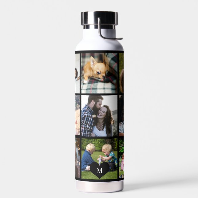 Photo collage monogram personalised modern black water bottle (Left)