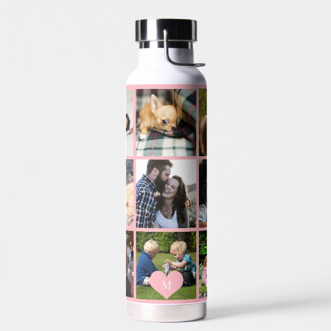 Photo collage monogram personalised modern blush water bottle (Left)