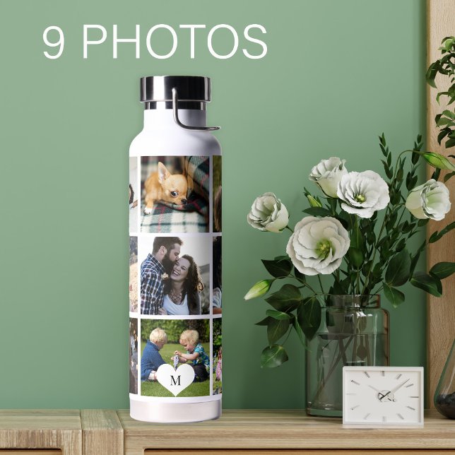 Photo collage monogram personalized modern water bottle (Creator Uploaded)