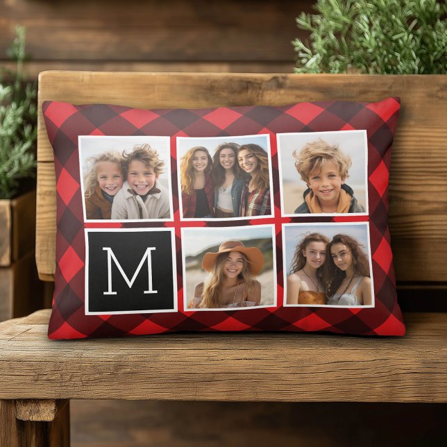 Photo Collage - Monogram Red Black Buffalo Plaid Decorative Cushion (Custom Photo Pillow)