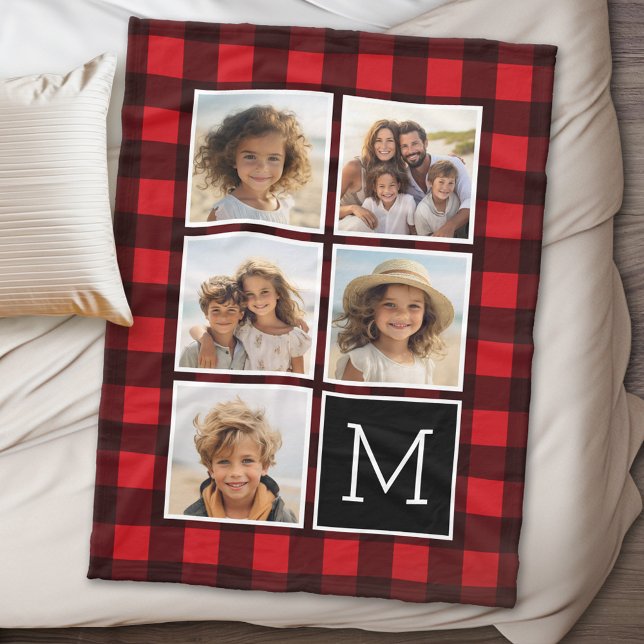 Photo Collage Monogram Red Black Buffalo Plaid Fleece Blanket (5 Photo Buffalo Check personalized blanket)