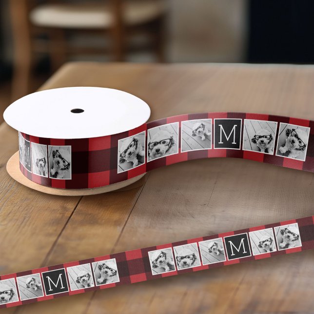 Photo Collage - Monogram Red Black Buffalo Plaid Grosgrain Ribbon (Custom Ribbon on a Roll - Personalize this ribbon with you text)