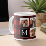 Photo Collage - Monogram Red Black Buffalo Plaid Large Coffee Mug<br><div class="desc">Background includes an optional manly check Pattern - Use five Instagram square photos or really any picture to create a unique and personal gift. Or you can keep the hipster puppy and make a trendy keepsake. If you need to adjust the pictures, click on the customise tool to make changes....</div>