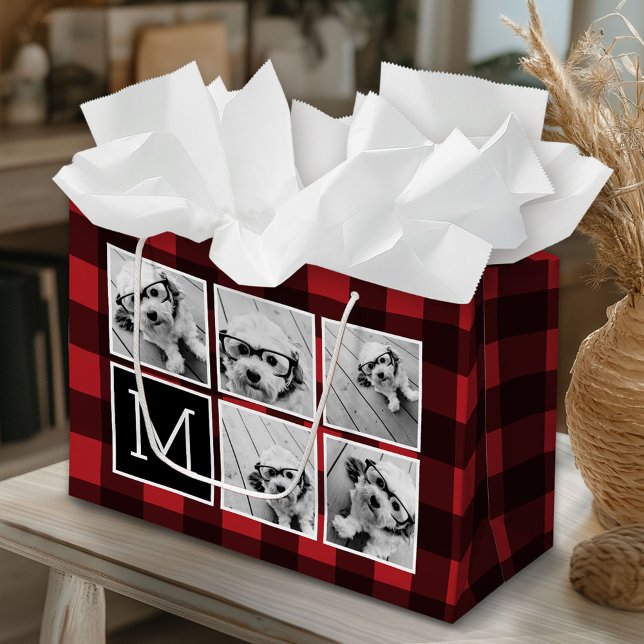 Photo Collage - Monogram Red Black Buffalo Plaid Large Gift Bag (Custom Gift Bag)
