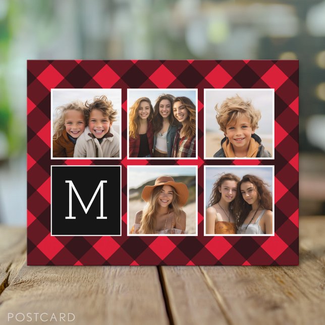 Photo Collage - Monogram Red Black Buffalo Plaid Postcard (Custom Personalized Photo Collage Postcard)