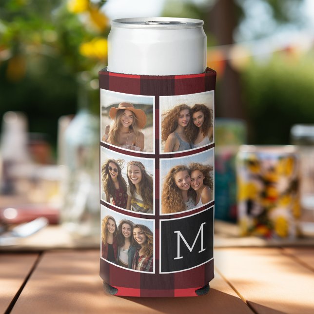 Photo Collage - Monogram Red Black Buffalo Plaid Seltzer Can Cooler (Seltzer can cooler with photos)
