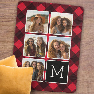 Photo Collage - Monogram Red Black Buffalo Plaid Sherpa Blanket