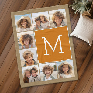 Photo Collage Monogram Rustic Kraft and Orange Fleece Blanket