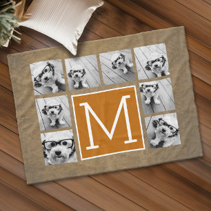 Photo Collage Monogram - Rustic Kraft and Orange Fleece Blanket