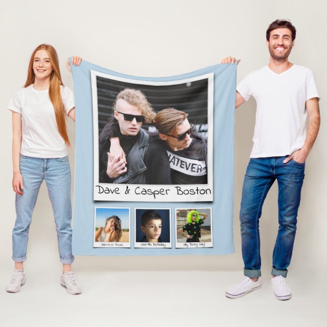 Photo Collage Monograms Names Powder Blue Medium Fleece Blanket (In Situ)