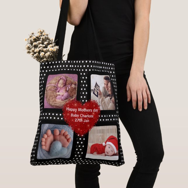 Photo collage mum mother black polka dot red heart tote bag (Close Up)