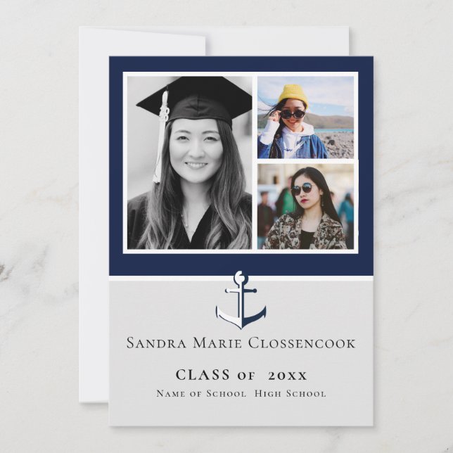 Photo Collage Nautical Navy Blue Anchor graduate Announcement (Front)
