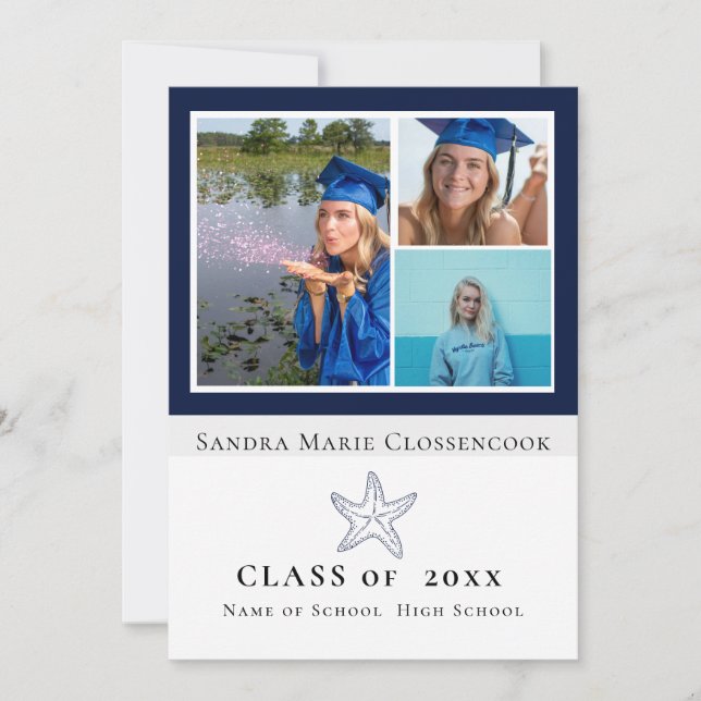 Photo Collage Nautical Navy Blue Starfish graduate Announcement (Front)
