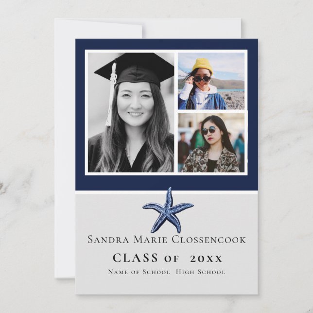 Photo Collage Nautical Starfish Navy graduation  Announcement (Front)