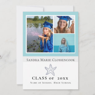 Photo Collage Nautical Teal Blue Starfish graduate Announcement