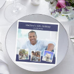 Photo collage navy blue birthday party napkin<br><div class="desc">Create your own unique photo collage. Use four,  4 of your favourite photos. Personalise and add a name,  age,  date. A classic navy blue background. White text.</div>