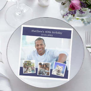 Photo collage navy blue birthday party napkin