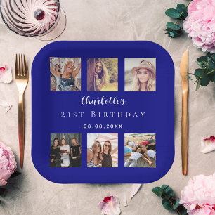 Photo collage navy blue birthday party paper plate