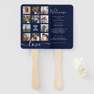 Photo Collage Navy Blue Wedding Program Hand Fan