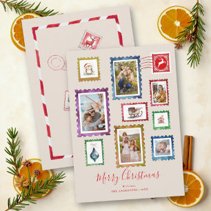 Photo Collage Neutral Tan Vintage Stamp Christmas Holiday Card