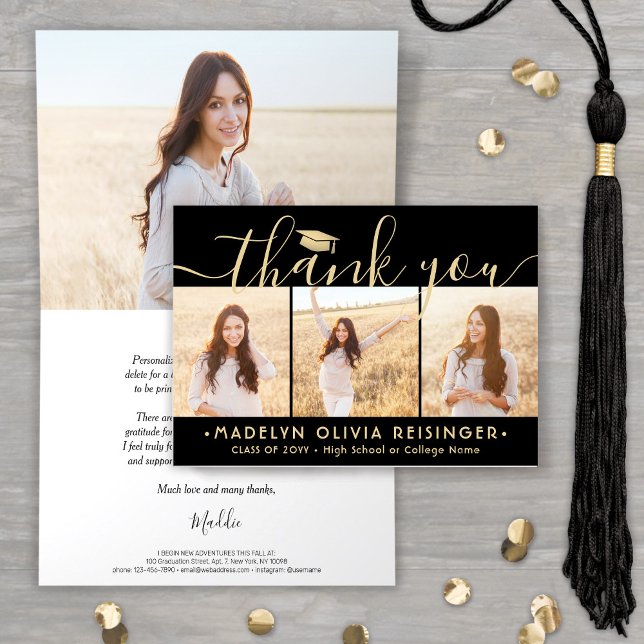 Photo Collage New Address Black & Gold Graduation Thank You Card (Creator Uploaded)