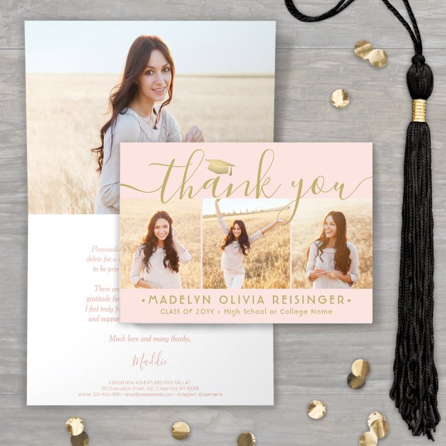 Photo Collage New Address Blush & Gold Graduation Thank You Card (Creator Uploaded)