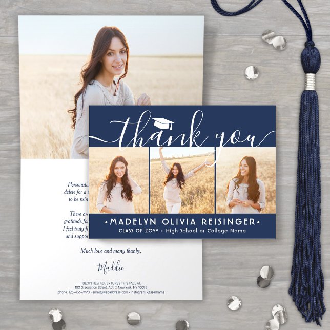Photo Collage New Address Navy Blue Graduation Thank You Card (Creator Uploaded)
