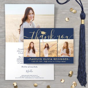 Photo Collage New Address Navy & Gold Graduation Thank You Card
