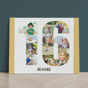 Photo Collage Number 16 Neutral 16th Birthday Faux Canvas Print