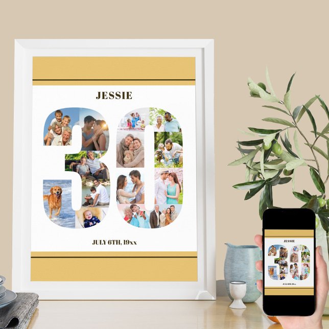 Photo Collage Number 30 Neutral 30th Birthday Poster (Creator Uploaded)