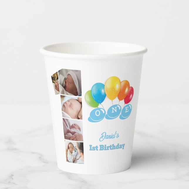 Photo Collage Number One Boy's Name 1st Birthday  Paper Cups (Front)