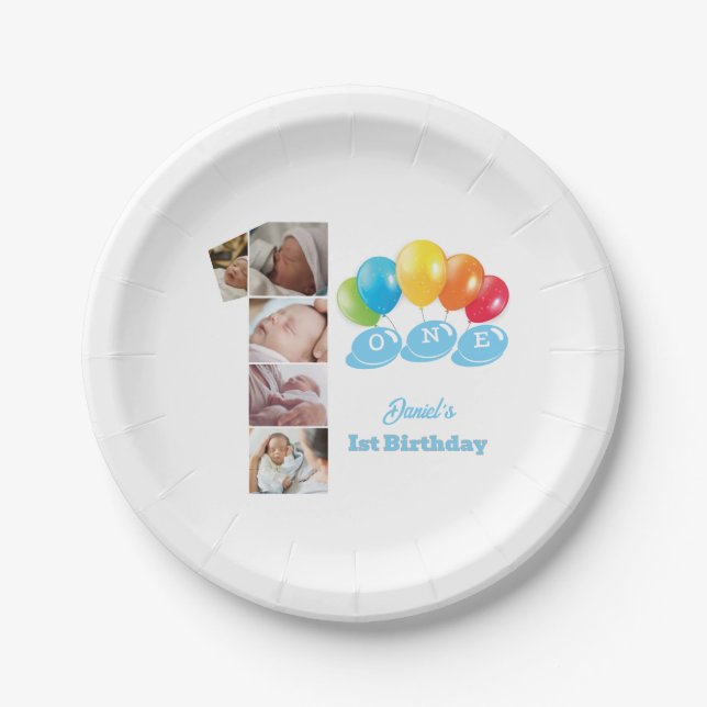 Photo Collage Number One Boy's Name 1st Birthday  Paper Plate (Front)