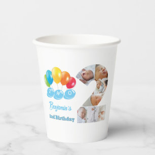 Photo Collage Number Two Boy's Name 2nd Birthday Paper Cups