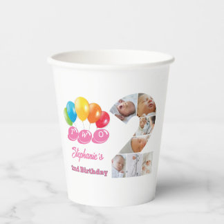 Photo Collage Number Two Girl's Name 2nd Birthday Paper Cups