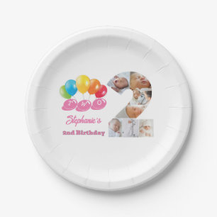 Photo Collage Number Two Girl's Name 2nd Birthday Paper Plate