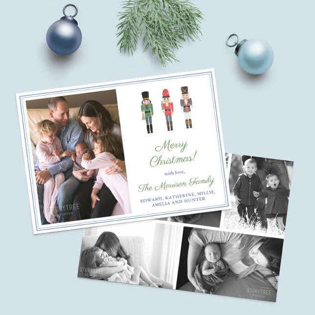 Photo Collage Nutcracker Merry Christmas Holiday Card (Retro watercolor wooden Nutcrackers Merry Christmas photo holidays cards)