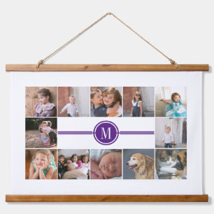 Photo collage of 12 photos purple monogram hanging tapestry