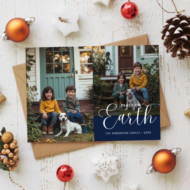 Photo Collage Peace On Earth Christmas Family Dog Holiday Card (Creator Uploaded)