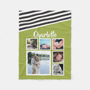 Photo Collage Personalised Bright Green Striped Fleece Blanket