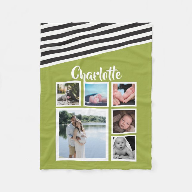 Photo Collage Personalised Bright Green Striped Fleece Blanket (Front)
