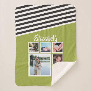 Photo Collage Personalised Bright Green Striped Sherpa Blanket