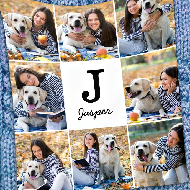 Photo Collage Personalised Monogram Pet Dog Lover Fleece Blanket (Creator Uploaded)