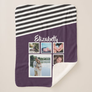 Photo Collage Personalised Purple Striped Unique Sherpa Blanket