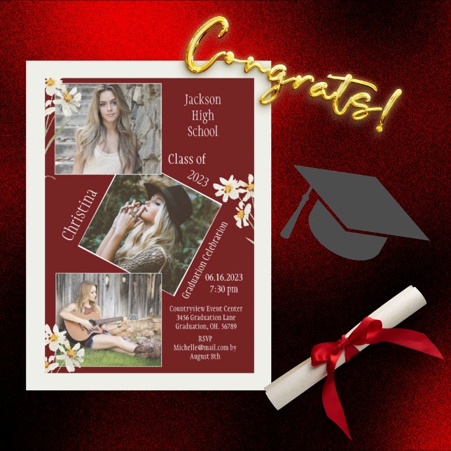 Photo Collage Personalised Red Graduation Announcement (Creator Uploaded)